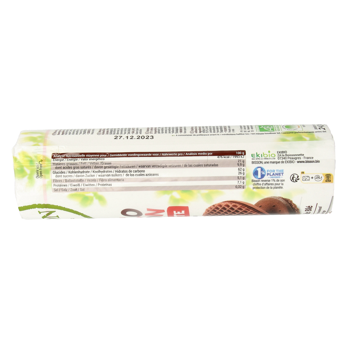 Bisson organic chocolate wafels koeken in 240g package, crispy layered cookies with chocolate filling.