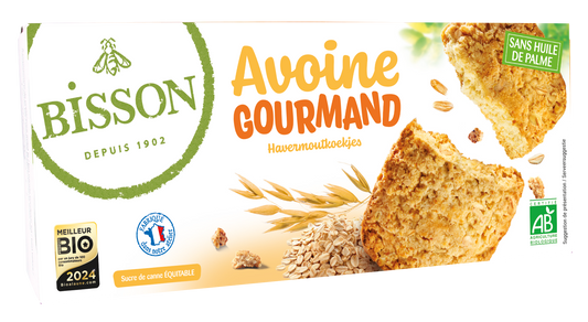 Bisson bio Haverkoekjes, 133g, showing golden oat cookies with a crispy texture on a white background.