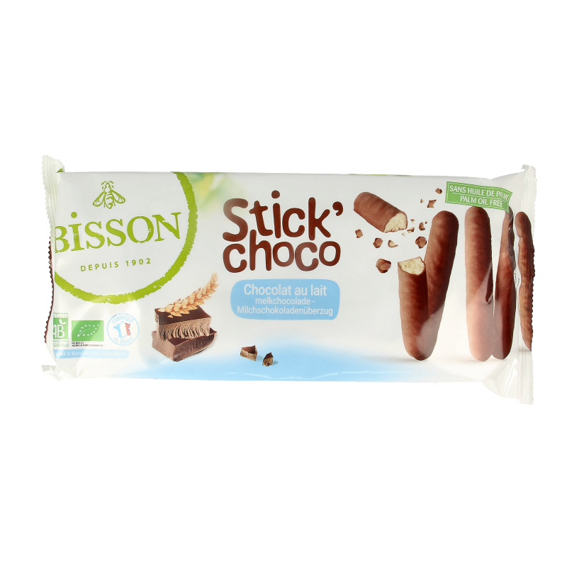 Bisson bio milk chocolate stick 130g, showing a chocolate bar with smooth milk chocolate surface and packaging.