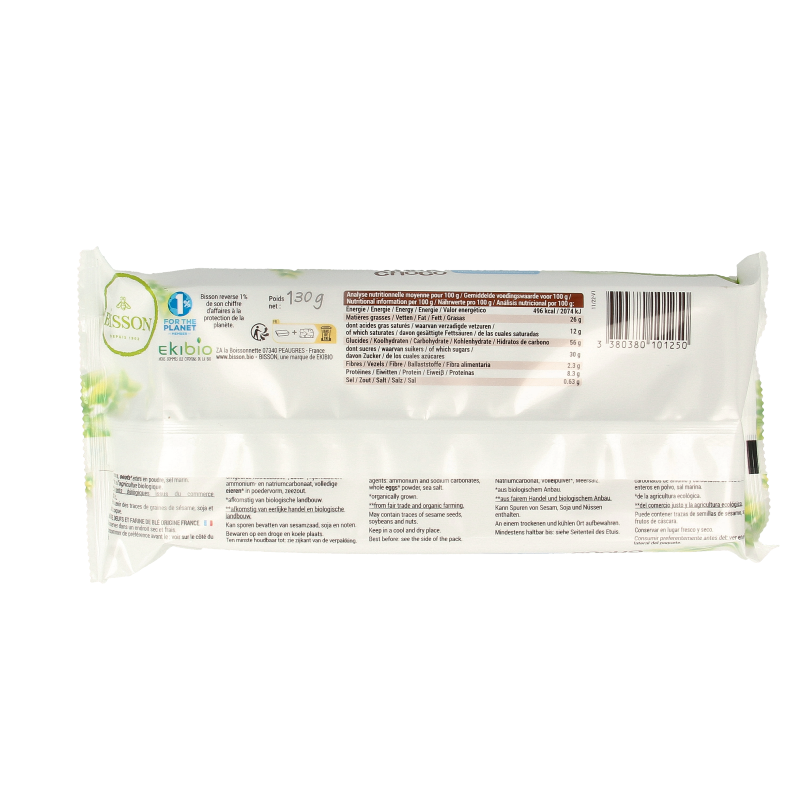 Bisson bio milk chocolate stick, 130 grams, with smooth chocolate coating and visible chocolate pieces on the surface