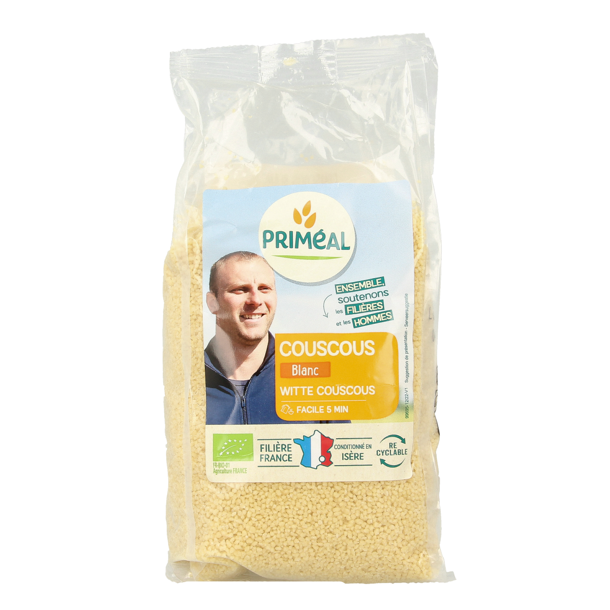Primeal organic couscous with France label, 500g, in a cooking and dining setting, ready to prepare or serve.