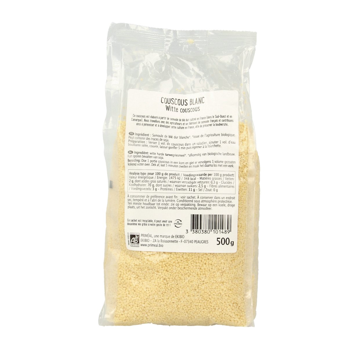 Primeal organic couscous in 500g package, ready for cooking, with a close-up view of the product packaging.