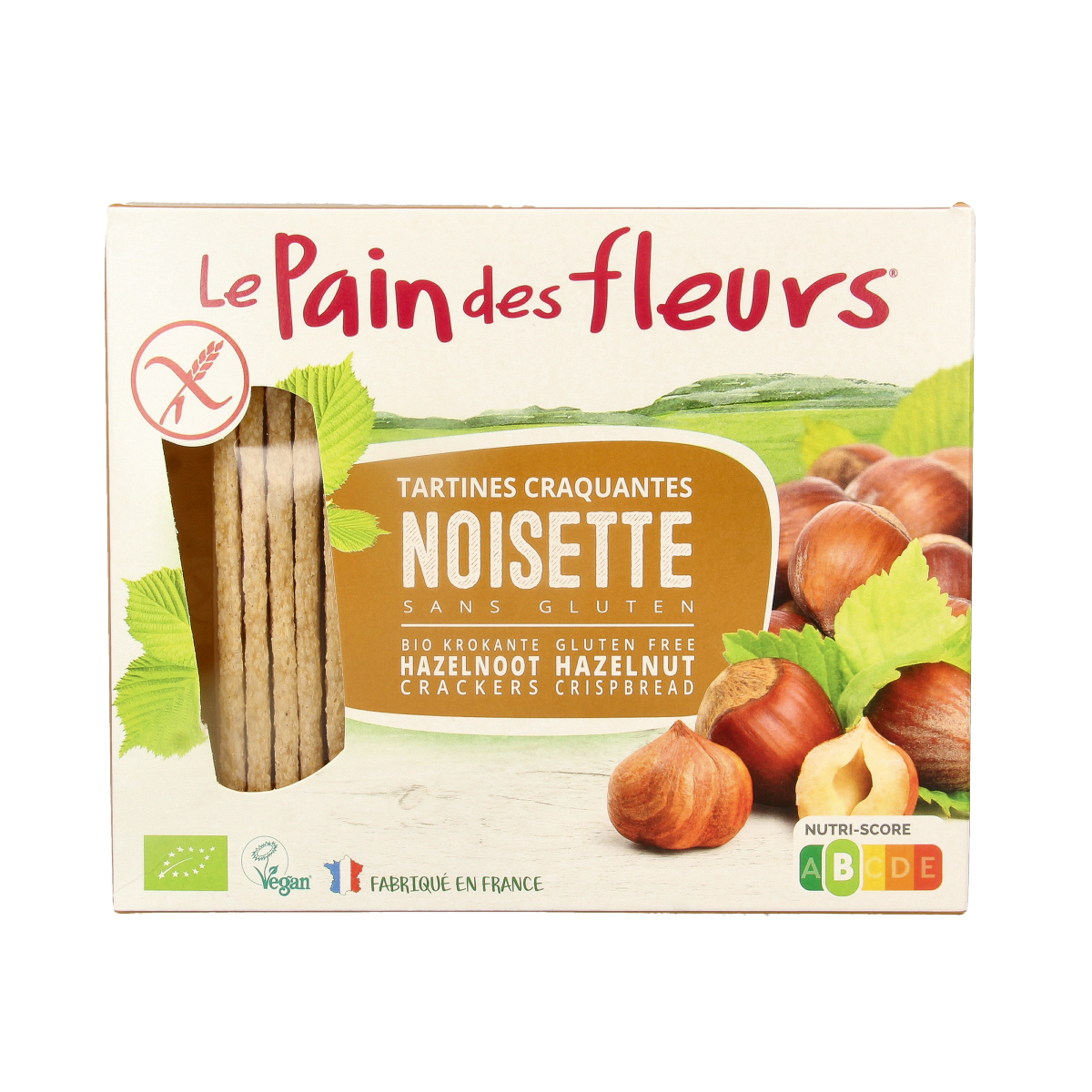 Pain Des Fleurs Op=Op hazelnut gluten-free crispy crackers in 150g package, organic and crunchy bread alternative.