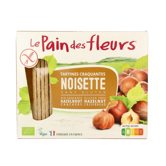Pain Des Fleurs Op=Op hazelnut gluten-free crispy crackers in 150g package, organic and crunchy bread alternative.