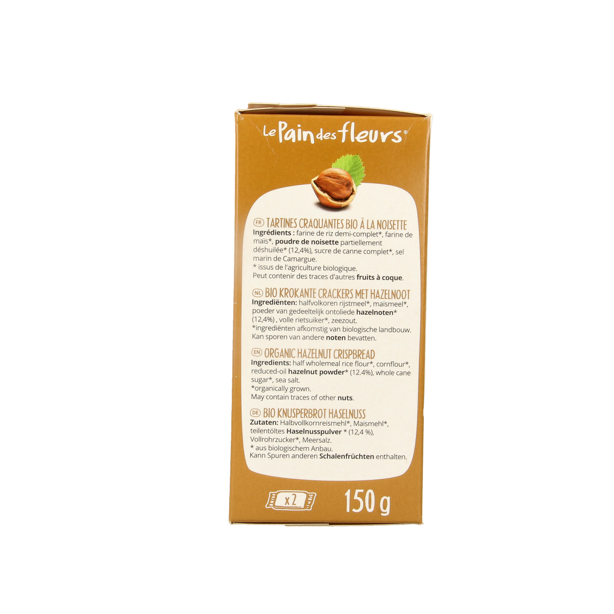Pain Des Fleurs hazelnut gluten-free crispy crackers in a 150g package, featuring a crunchy texture and natural ingredients.