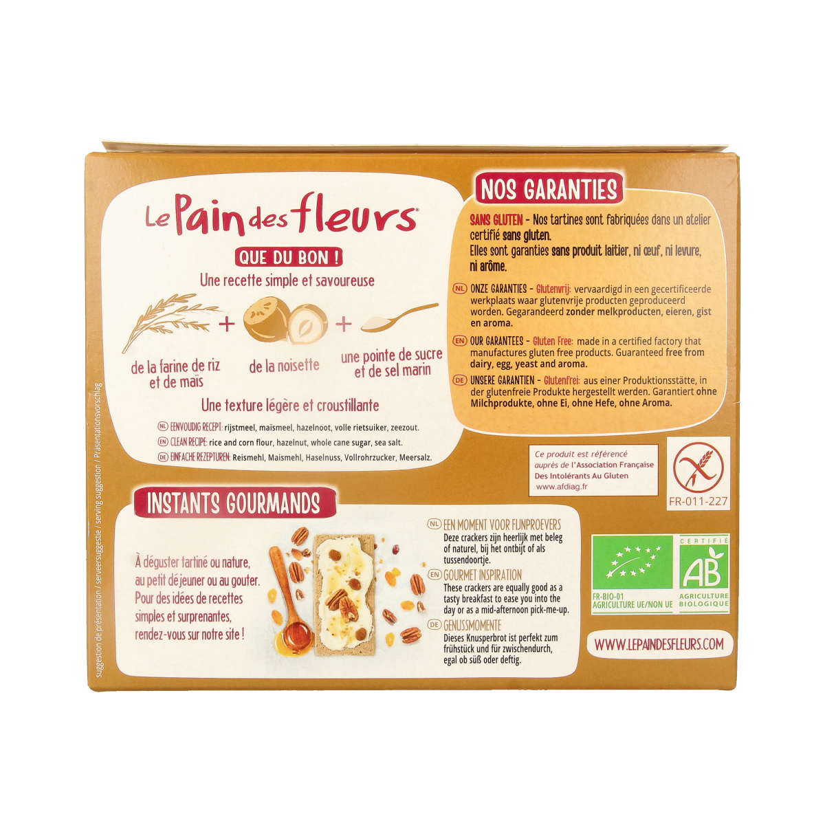 Pain Des Fleurs hazelnut gluten-free crunchy crackers in a 150g package, showcasing golden, crispy texture and hazelnut flavor.