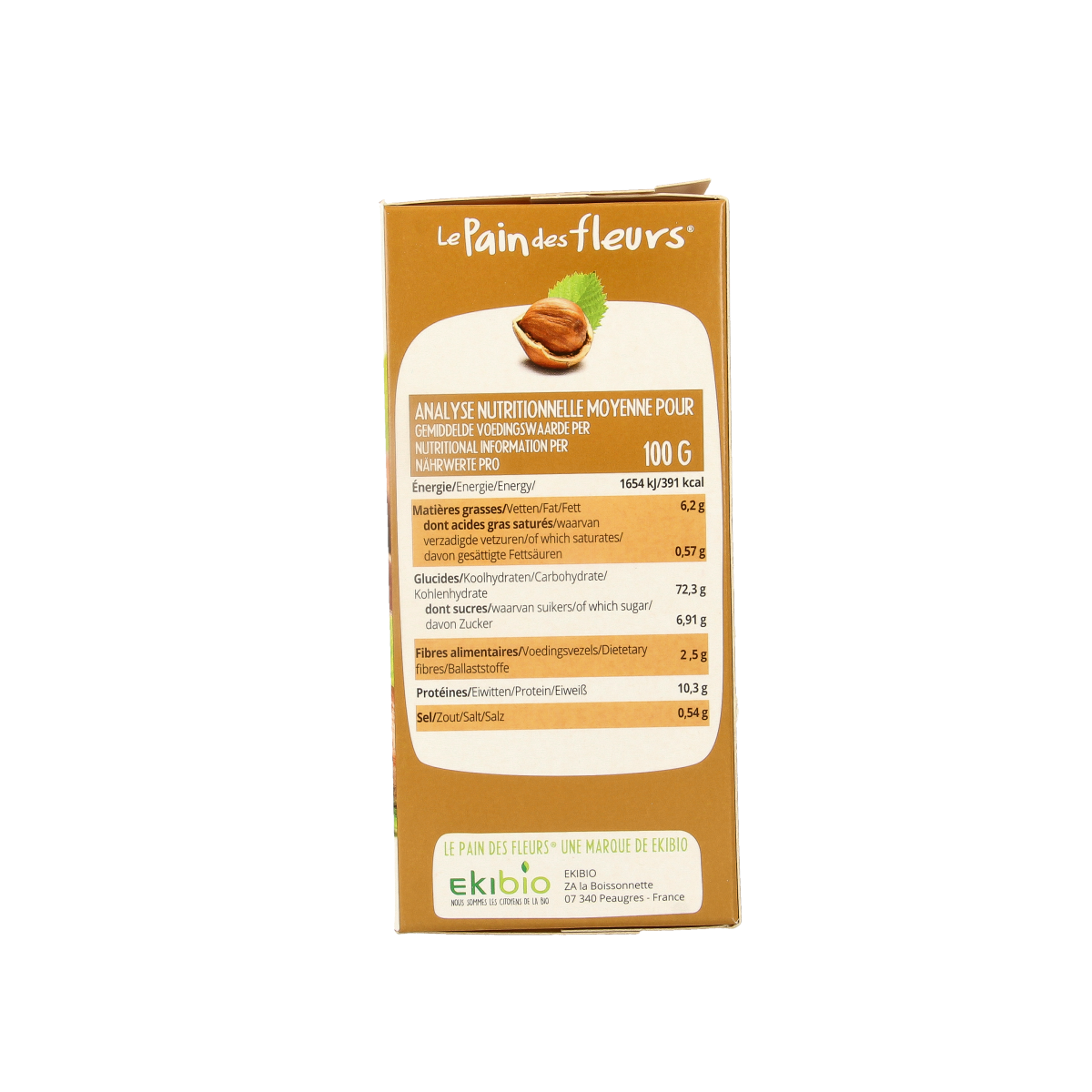Pain Des Fleurs hazelnut gluten-free crispy crackers in a 150g package, made with organic ingredients.