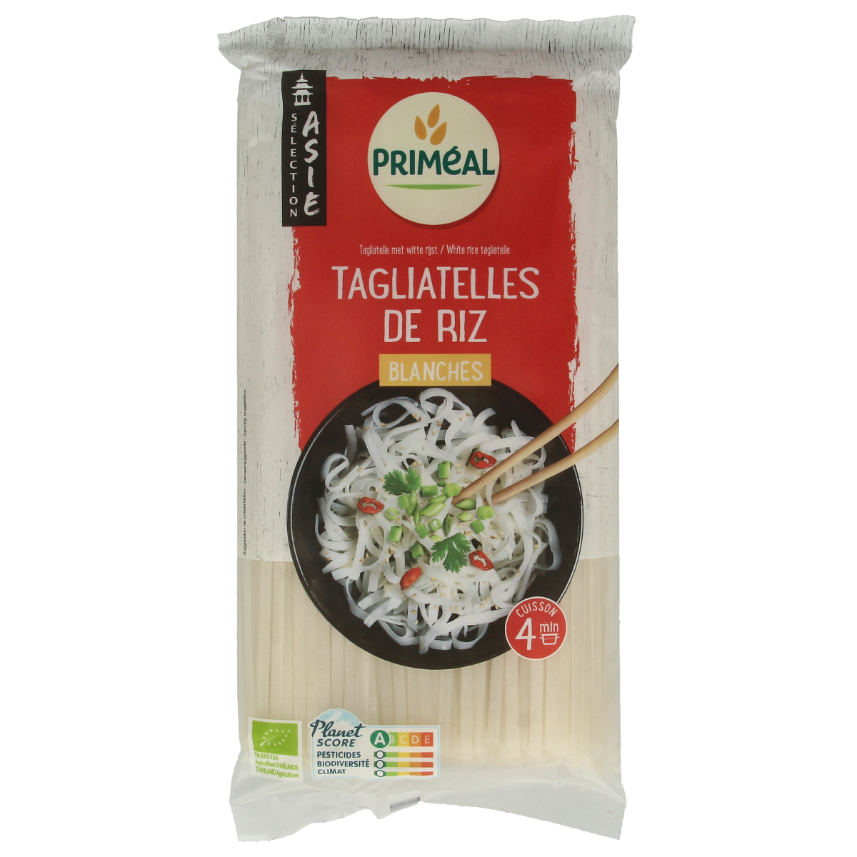 Primeal bio white rice noodles, 400g, showing cooked and uncooked rice pasta in a package, ideal for Asian dishes.
