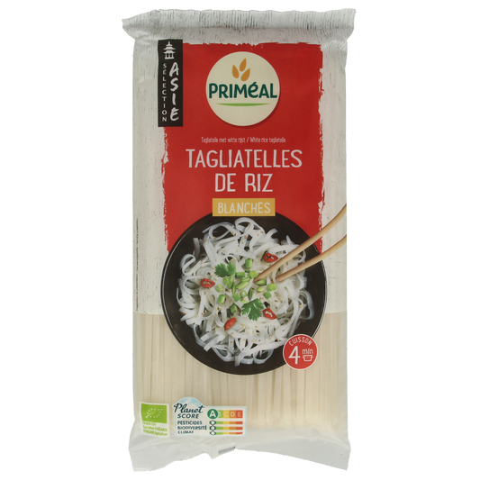 Primeal bio white rice noodles, 400g, showing cooked and uncooked rice pasta in a package, ideal for Asian dishes.