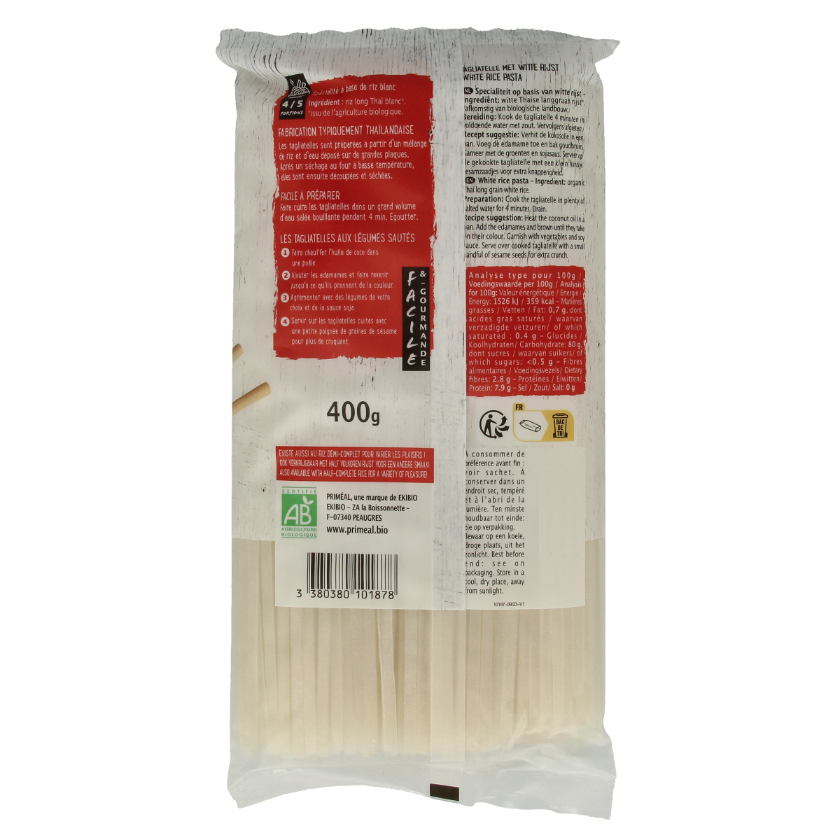 Primeal bio white rice noodles package, 400g, gluten-free pasta made from natural white rice, in a clear packaging.