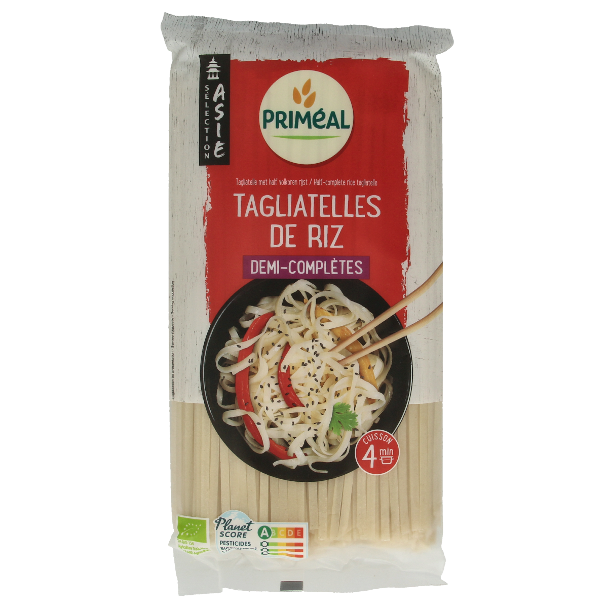 Primeal organic half-wholegrain rice noodles in a 400g package, suitable for pasta and rice dishes.