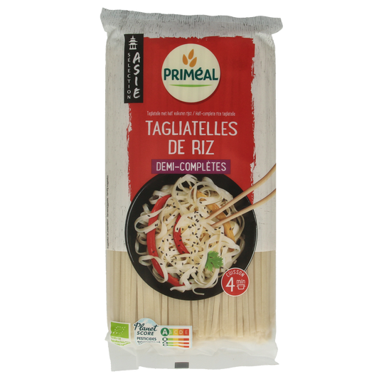 Primeal organic half-wholegrain rice noodles in a 400g package, suitable for pasta and rice dishes.