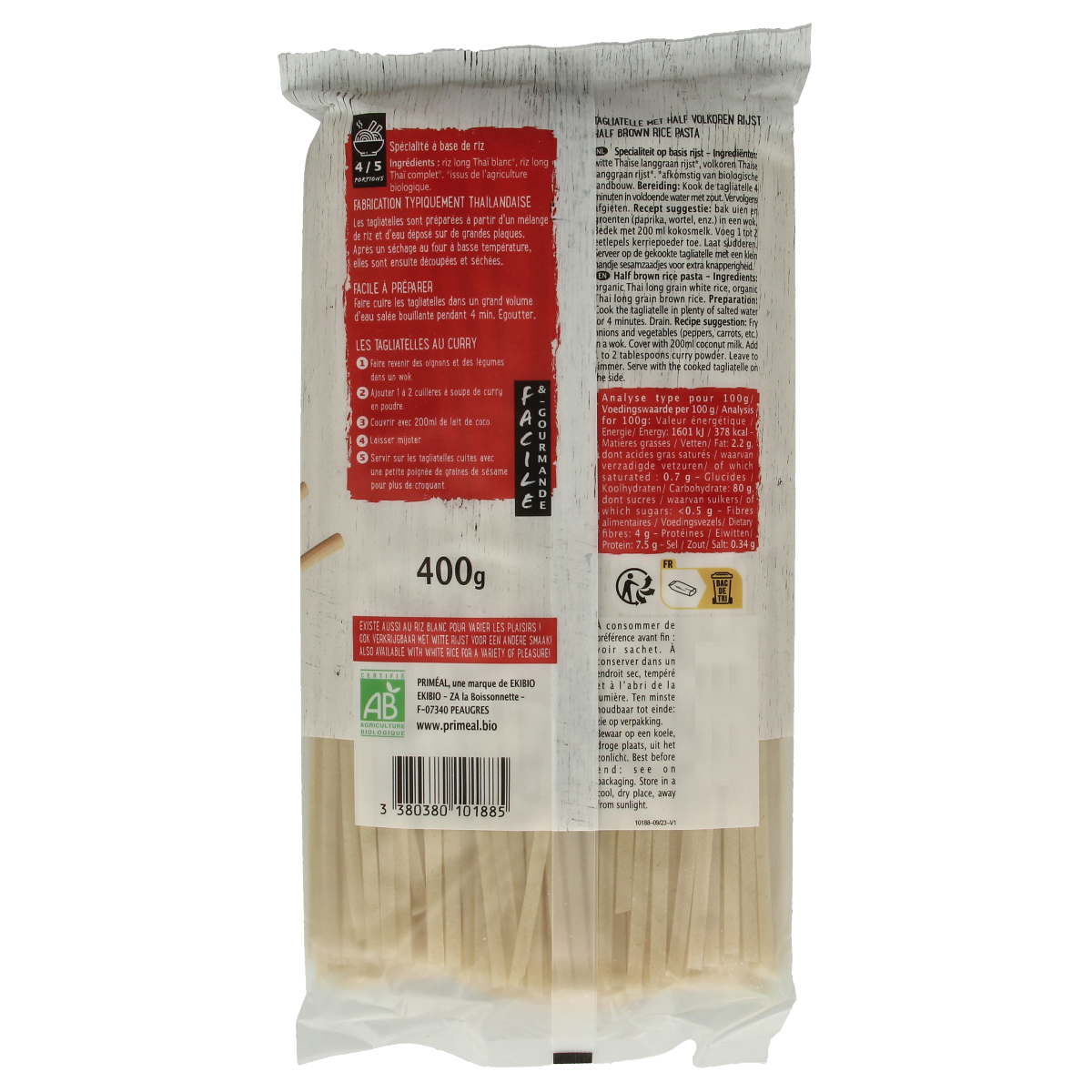 Primeal bio half-wholegrain rice noodles in 400g package, showing the packaged pasta with rice noodle strands