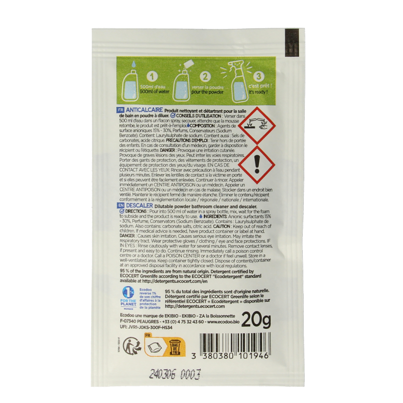Ecodoo Kalkreiniger poeder oplosbaar eco, 20g, eco-friendly cleaning powder for mineral deposits and limescale removal