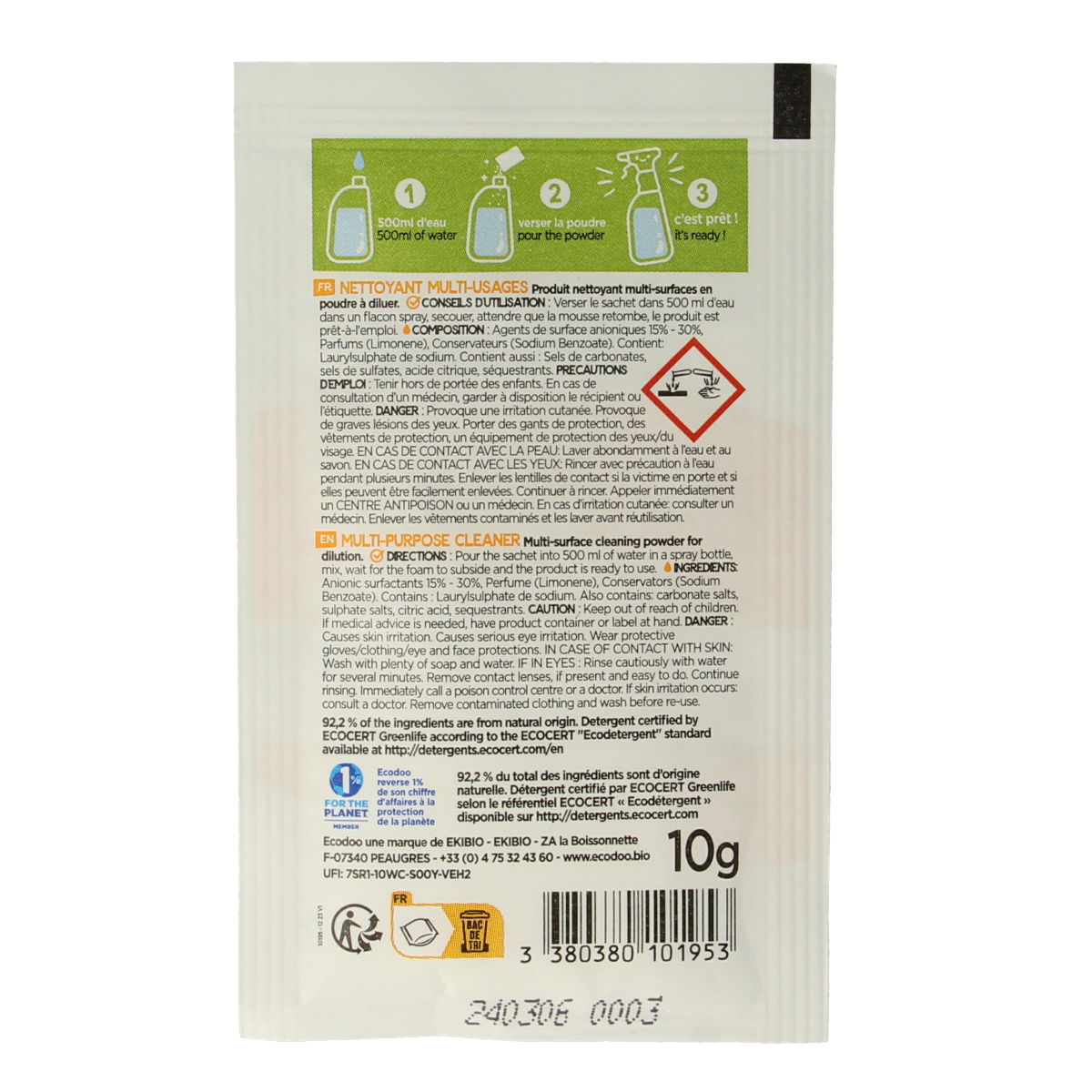 Ecodoo Allesreiniger poeder oplosbaar eco 10g, eco-friendly cleaning powder for versatile household use.