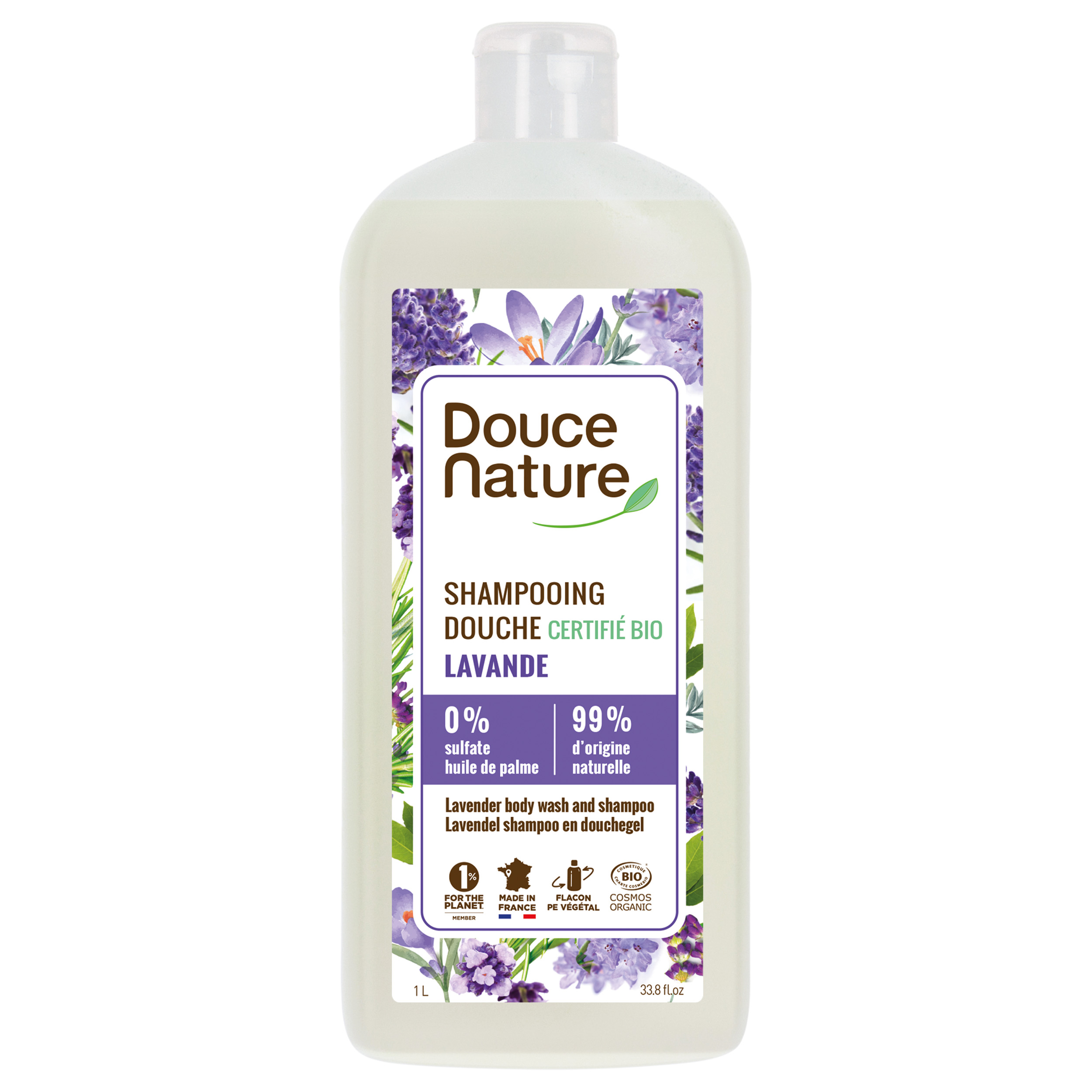 Lavender Douce Nature douchegel and shampoo bottle, 1 liter, natural lavender scent, for cleansing and hair care.