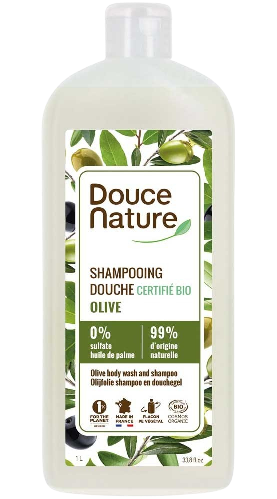 Douce Nature olive-scented 1L shower gel and shampoo in a clear plastic bottle with a white cap.