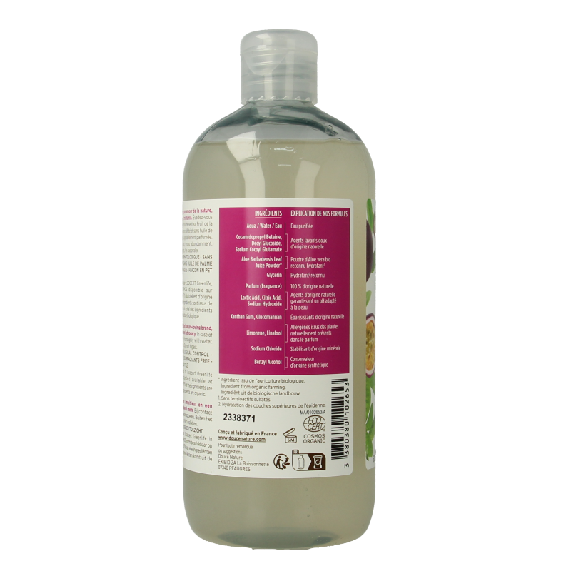 Douce Nature Passionfruit shower gel in 500ml bottle, pink liquid with passionfruit scent, for body cleansing.