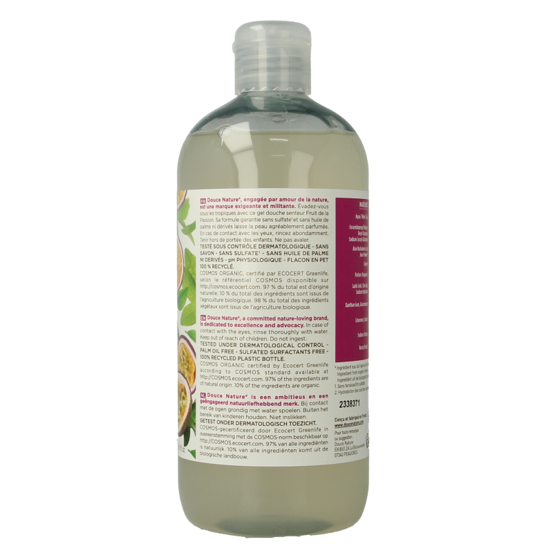 Douce Nature Passionfruit shower gel bottle, 500ml, natural skincare product for refreshing shower experience