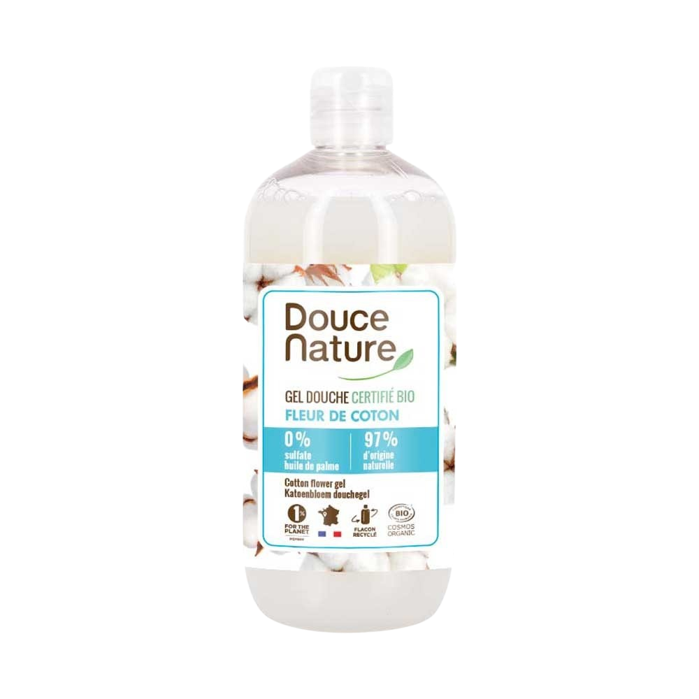 Douce Nature douchegel katoen in 500ml bottle, gentle body wash with cotton scent, suitable for daily use.