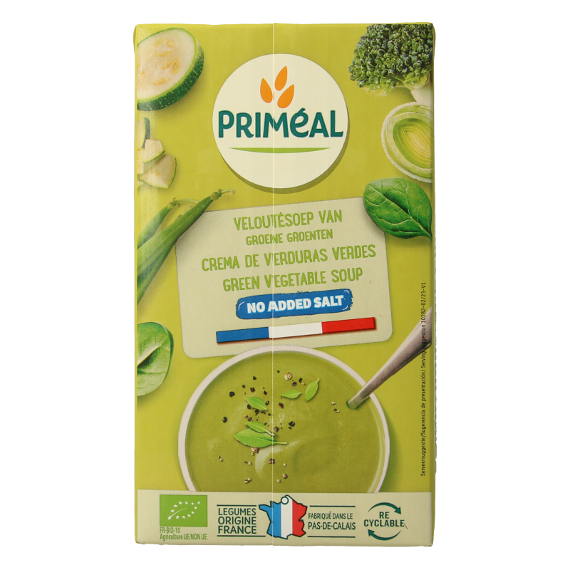 Primeal organic green vegetable soup in a 1-liter container, showcasing fresh green vegetables and clear broth.