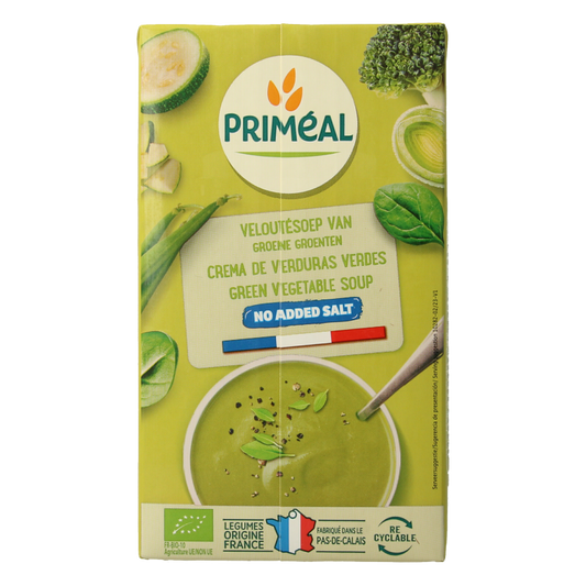 Primeal organic green vegetable soup in a 1-liter container, showcasing fresh green vegetables and clear broth.