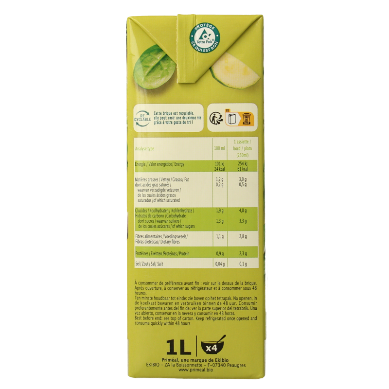 Primeal bio groene groentesoep in 1-liter container, showcasing fresh vegetable ingredients and clear packaging.