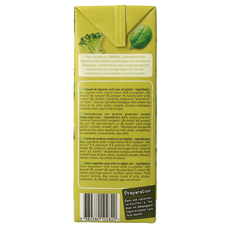 Primeal organic green vegetable soup in a 1-liter container, fresh and healthy, ideal for soups and broths.