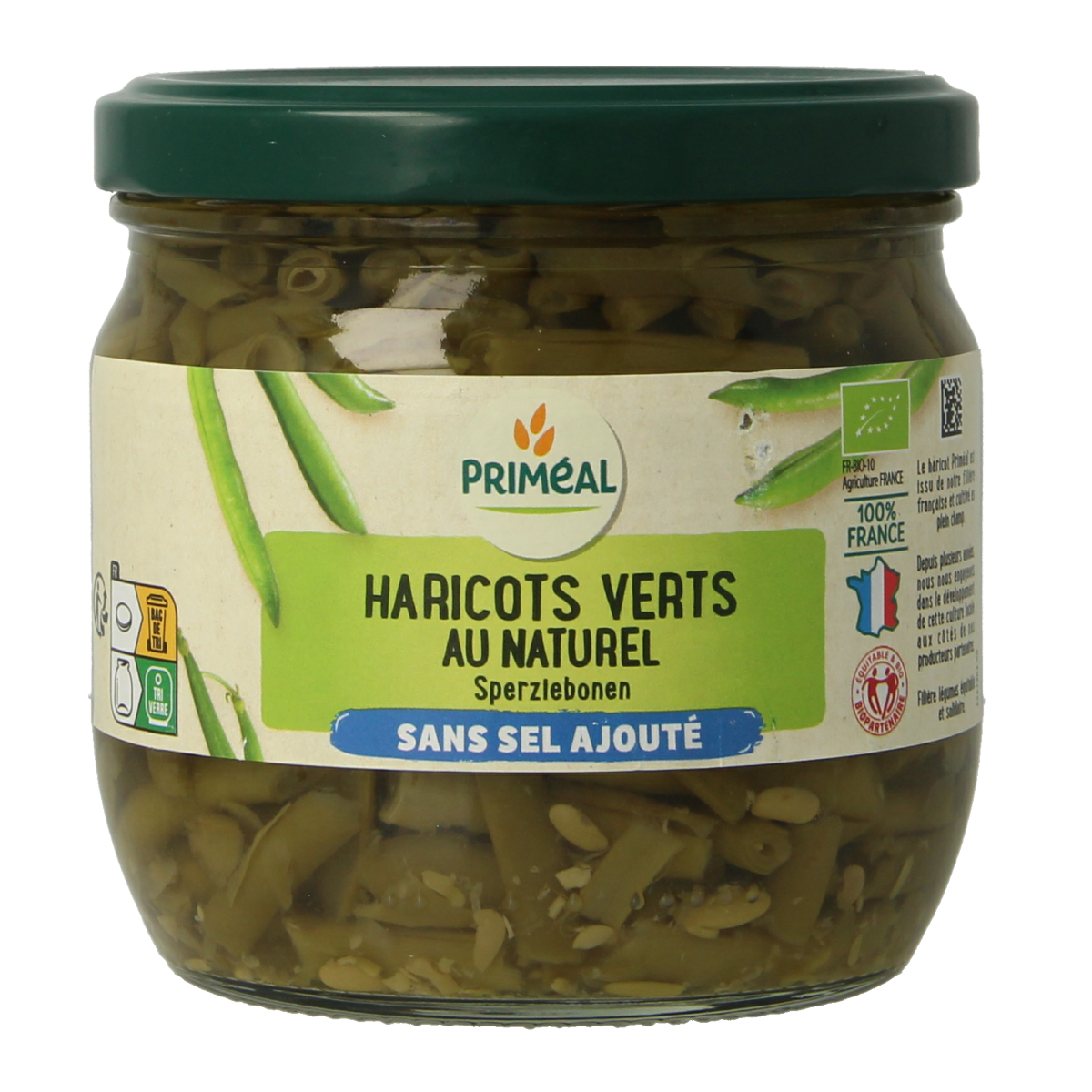 Primeal bio haricot verts zonder toegevoegd zout, 330g, fresh green French green beans in a clear package.