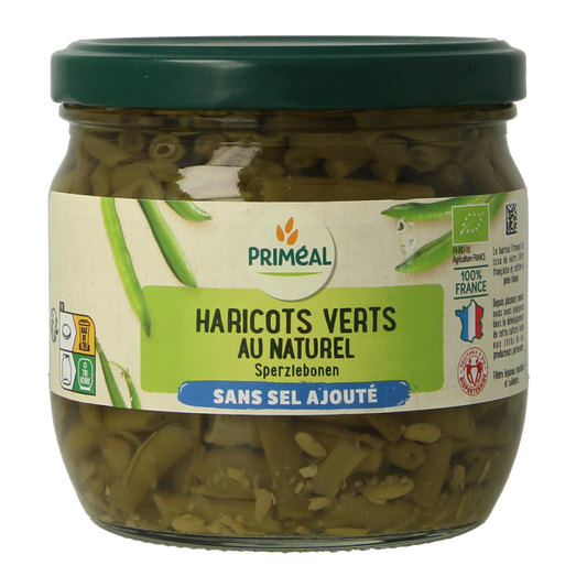 Primeal bio haricot verts zonder toegevoegd zout, 330g, fresh green French green beans in a clear package.