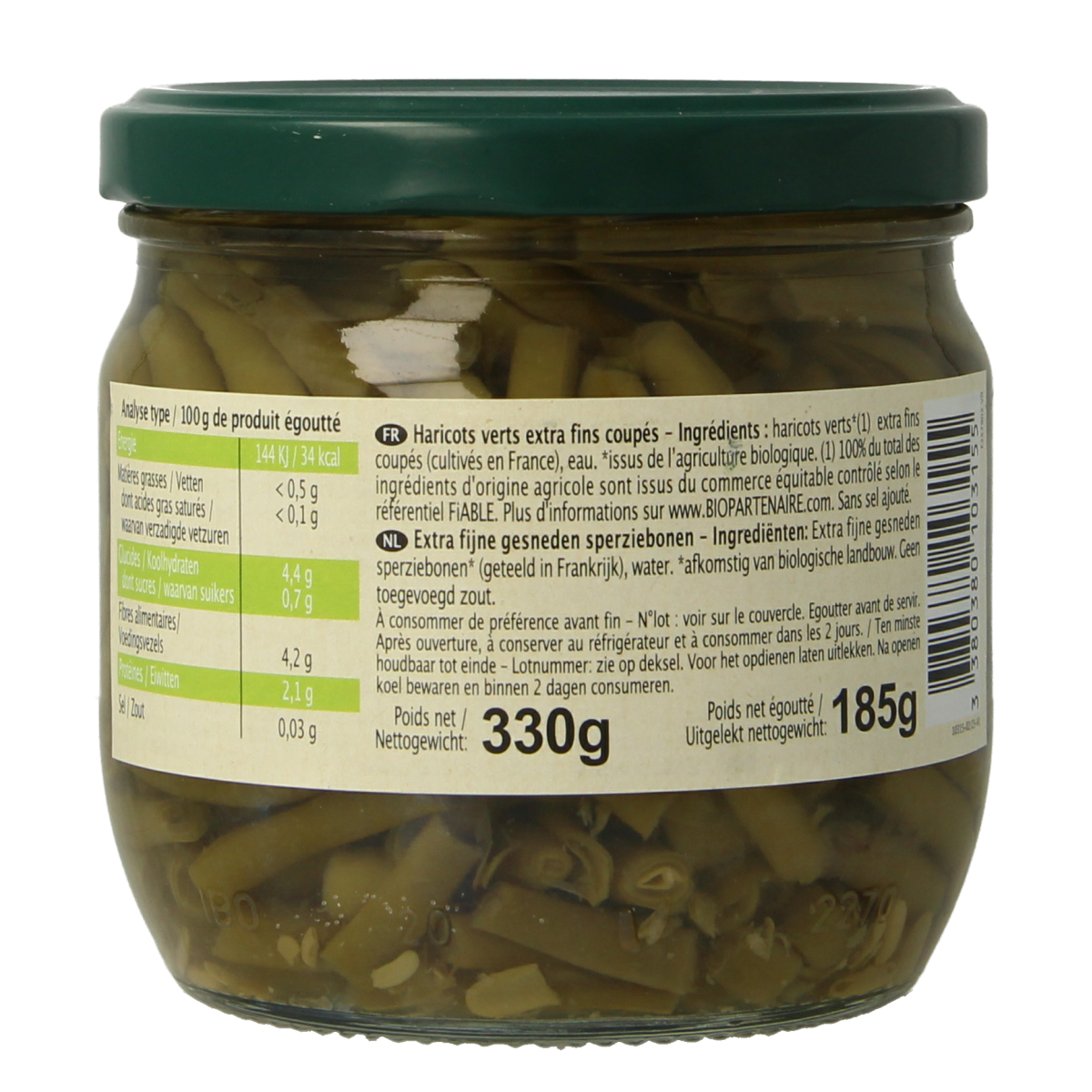 Primeal organic haricot verts with no added salt, 330g, fresh green beans suitable for cooking or salads.