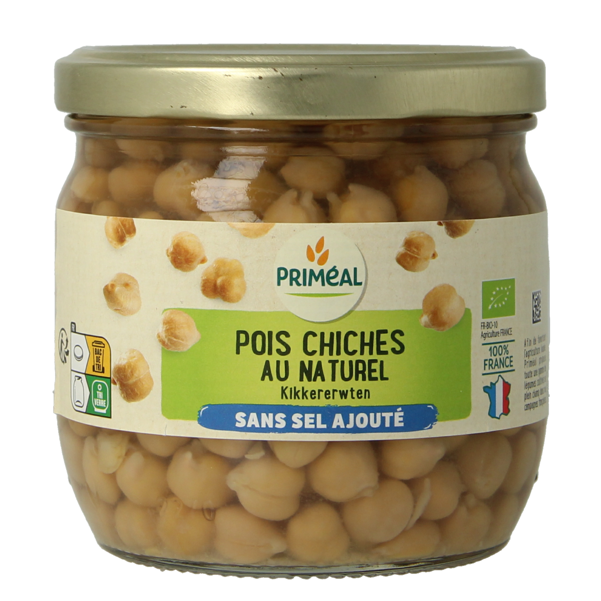 Primeal organic chickpeas (kikkererwten) without added salt in 330g package, shown in a clear image.