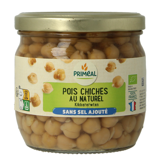 Primeal organic chickpeas (kikkererwten) without added salt in 330g package, shown in a clear image.