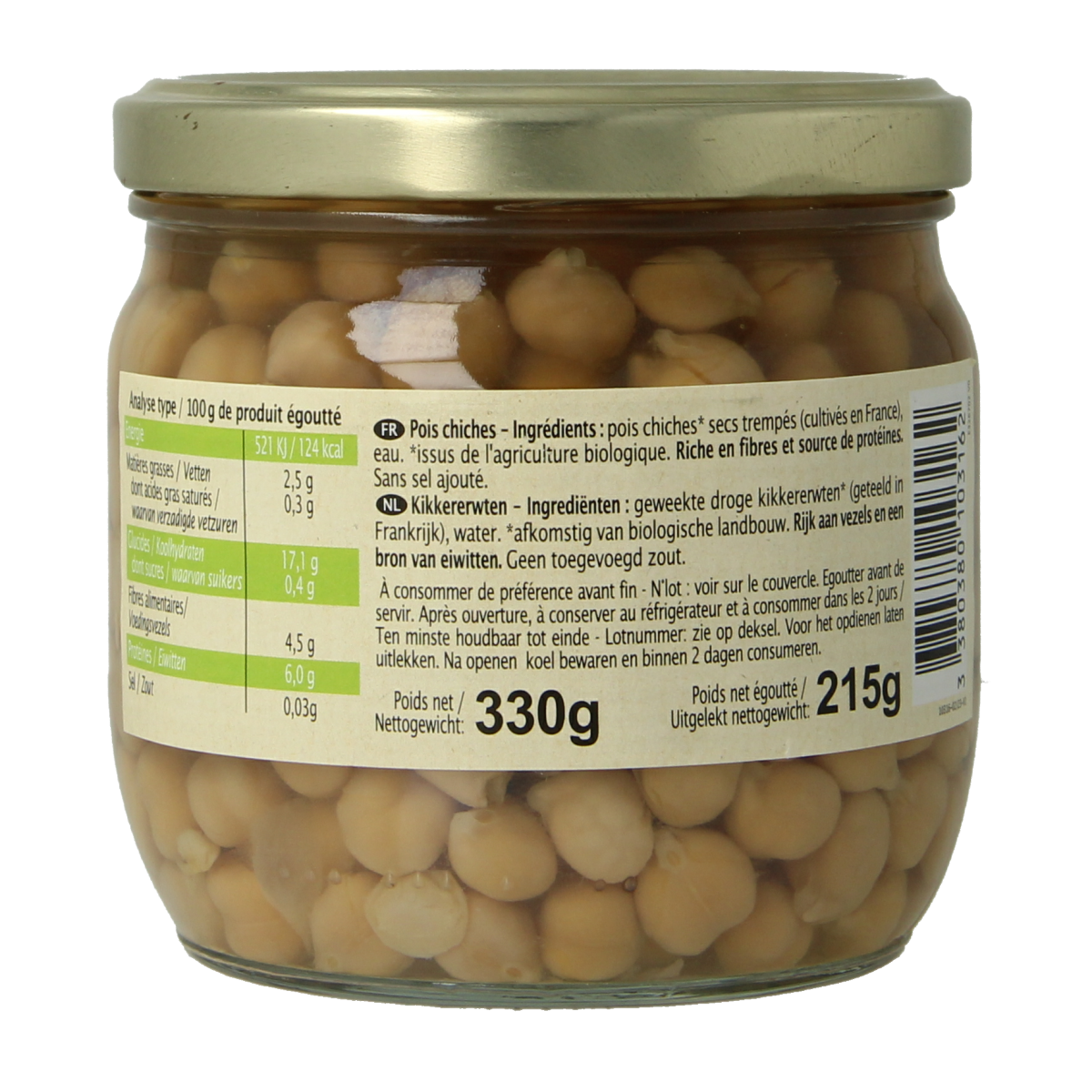 Primeal organic chickpeas without added salt in 330g package, shown in the image.