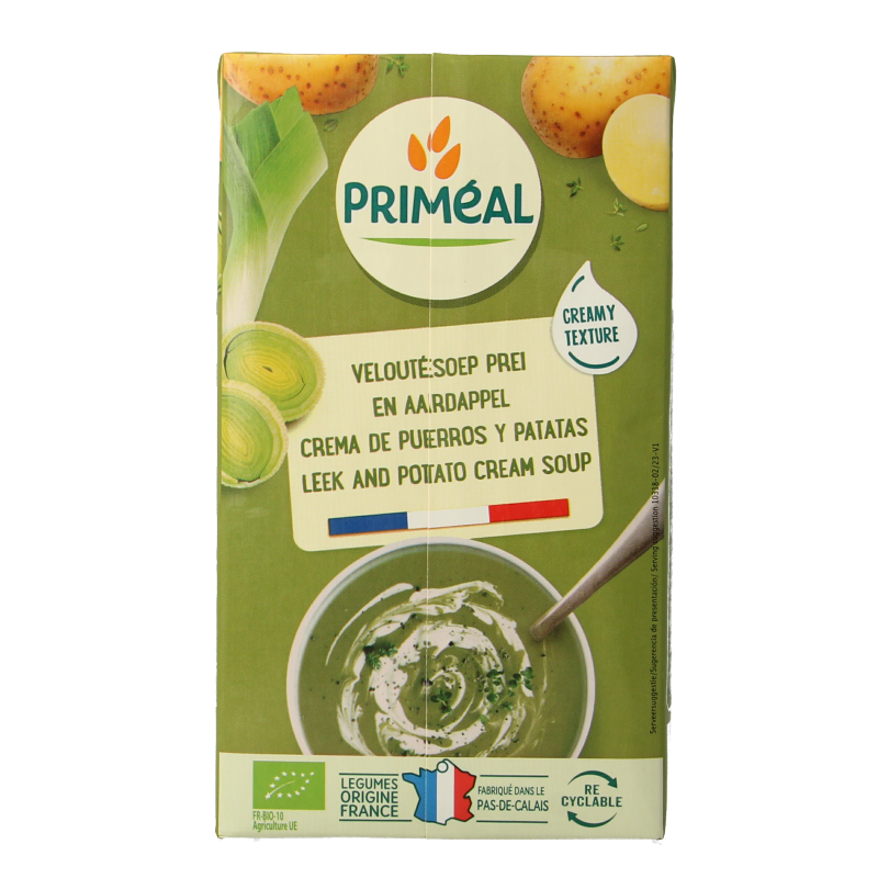 Primeal organic creamy potato soup in a 1-liter container, showcasing a smooth, appetizing bowl of potato-based soup.