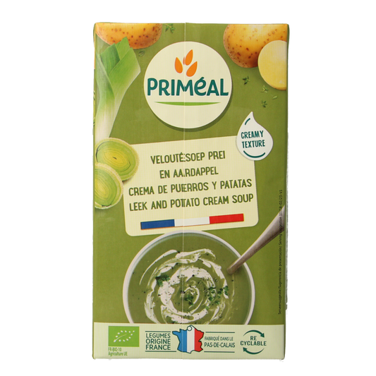 Primeal organic creamy potato soup in a 1-liter container, showcasing a smooth, appetizing bowl of potato-based soup.