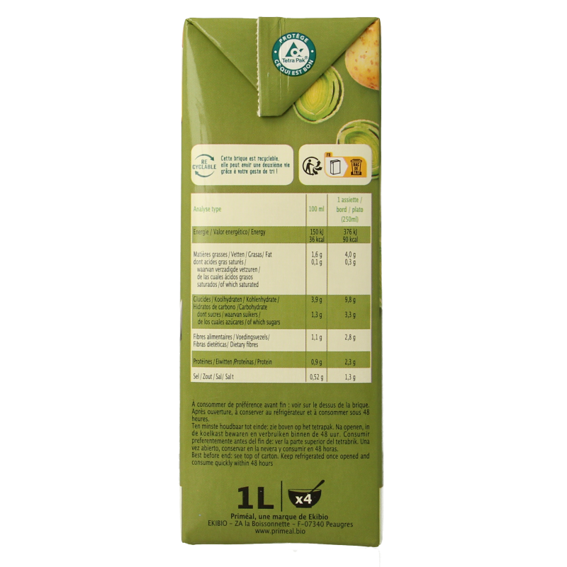 Creamy organic Primeal potato soup in a 1-liter carton, showcasing a bowl of smooth, hearty potato soup with fresh ingredients.