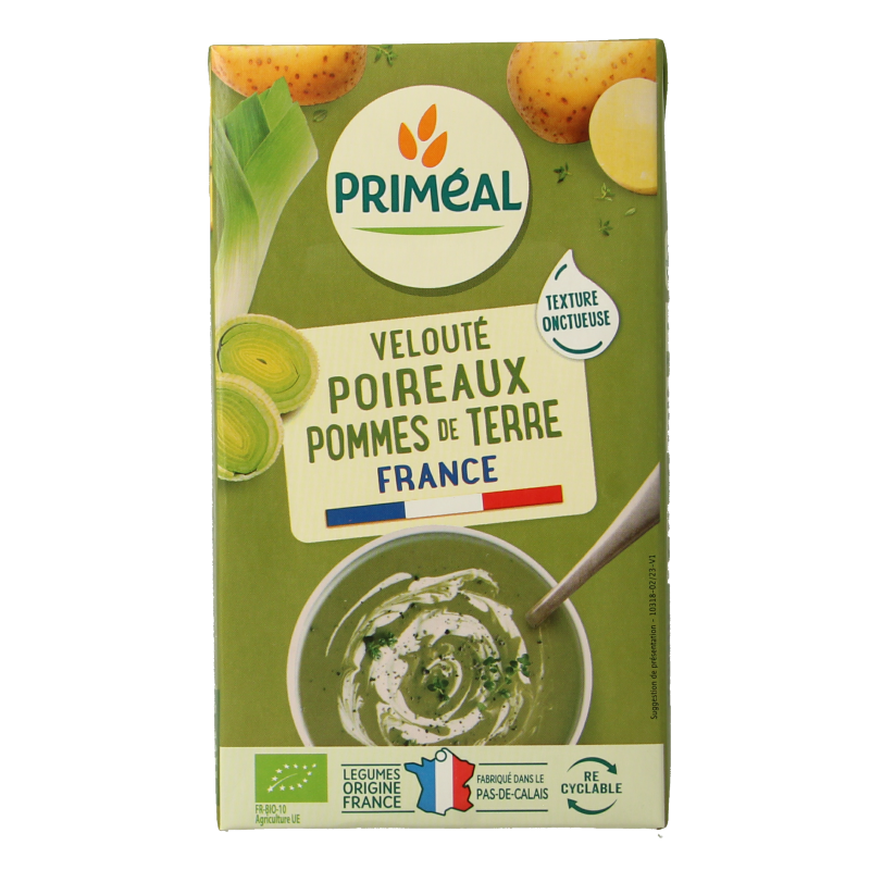 Creamy organic potato soup in a 1-liter Primeal container, showcasing a smooth, hearty soup with fresh potatoes and herbs.