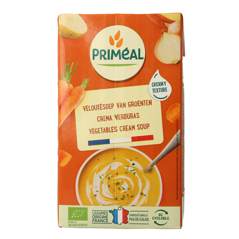 Primeal organic vegetable cream soup in a 1-liter container, showcasing fresh vegetables and creamy texture.