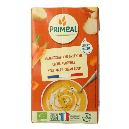 Primeal organic vegetable cream soup in a 1-liter container, showcasing fresh vegetables and creamy texture.