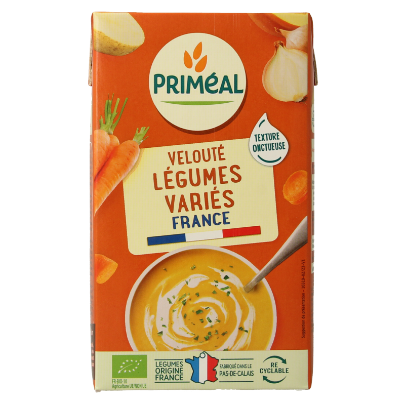 Primeal organic vegetable cream soup in a 1-liter container, showcasing fresh, colorful vegetables in a clear bowl.