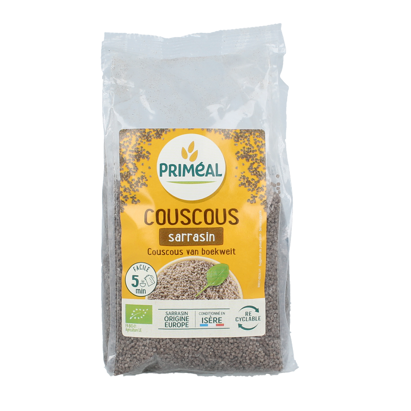 Primeal organic buckwheat couscous in a 400g package, gluten-free pasta and rice product with a natural appearance.