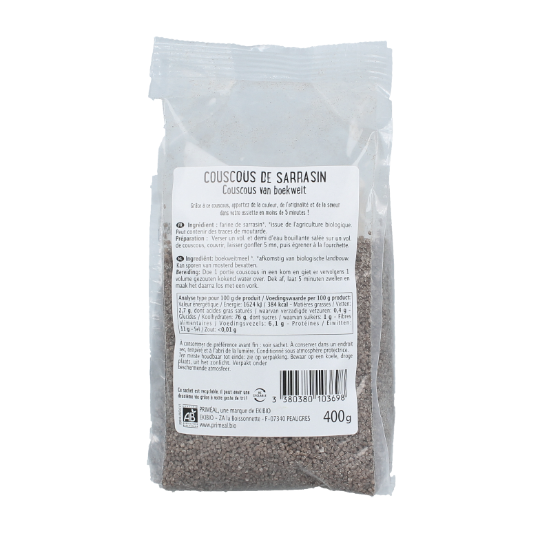 Organic Primeal buckwheat couscous in a 400g package, showcasing the gluten-free pasta and rice product.