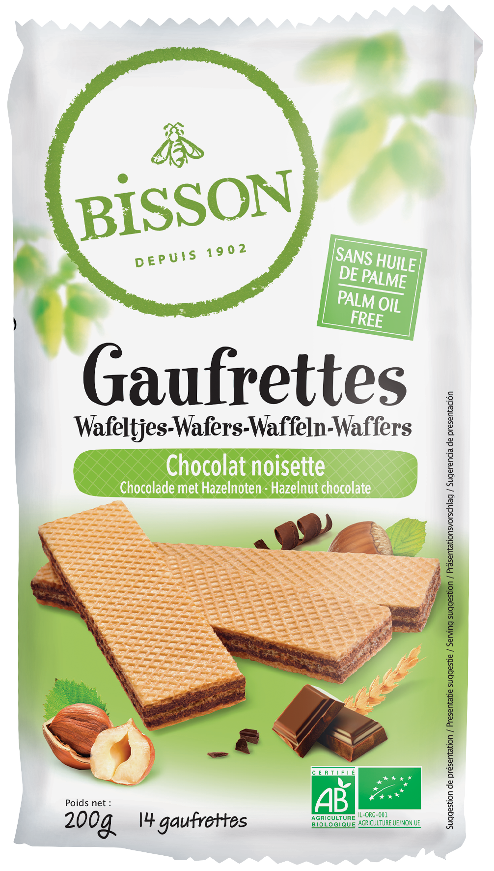 Bisson bio choco hazelnut wafels, 200g, crunchy koeken with chocolate and hazelnut flavor, shown in packaging.