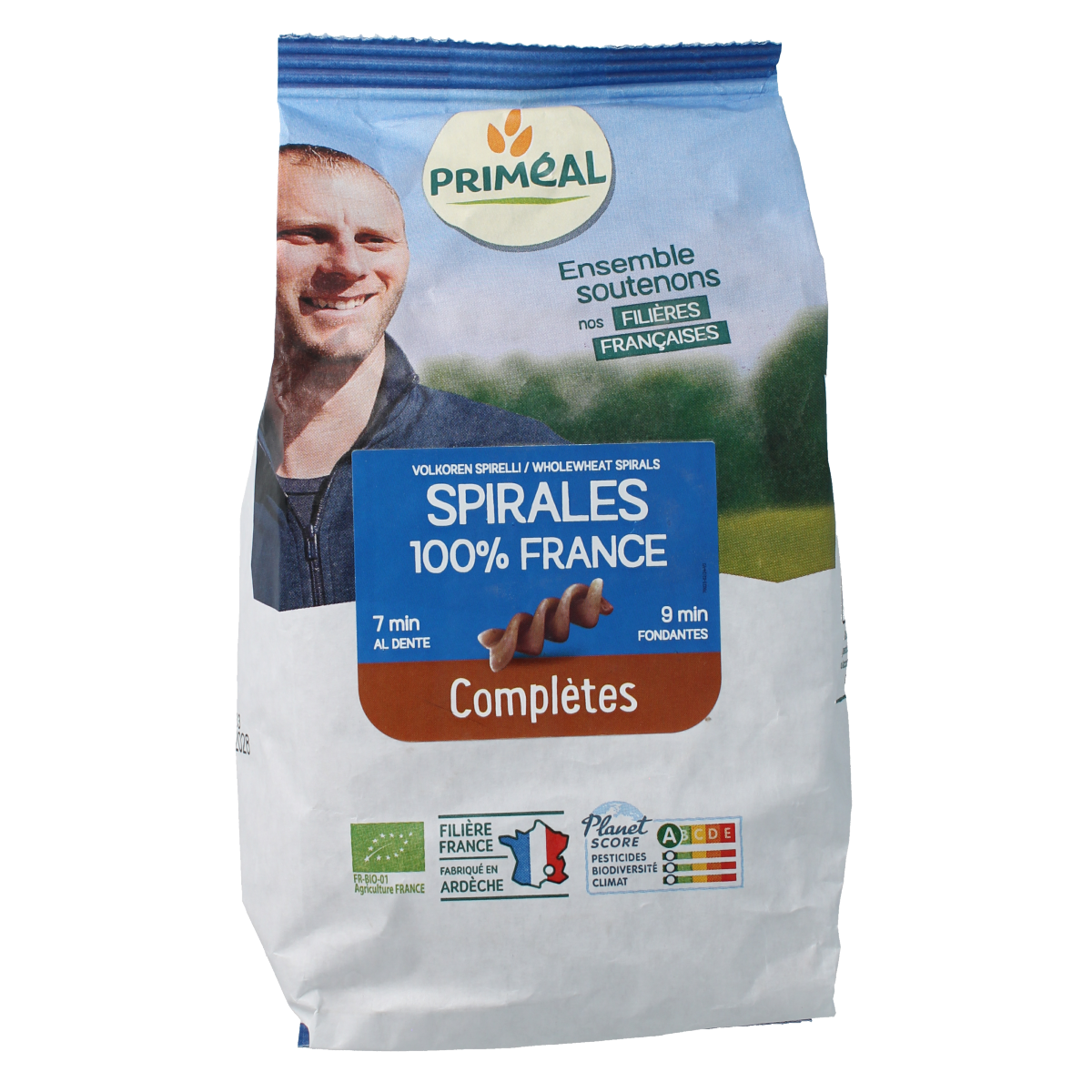 Whole wheat fusilli pasta by Primeal, 500g, showing uncooked organic volkoren fusilli pasta on a white background.