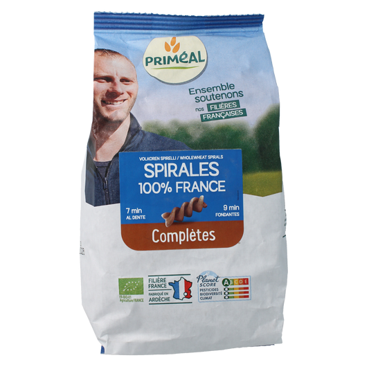 Whole wheat fusilli pasta by Primeal, 500g, showing uncooked organic volkoren fusilli pasta on a white background.