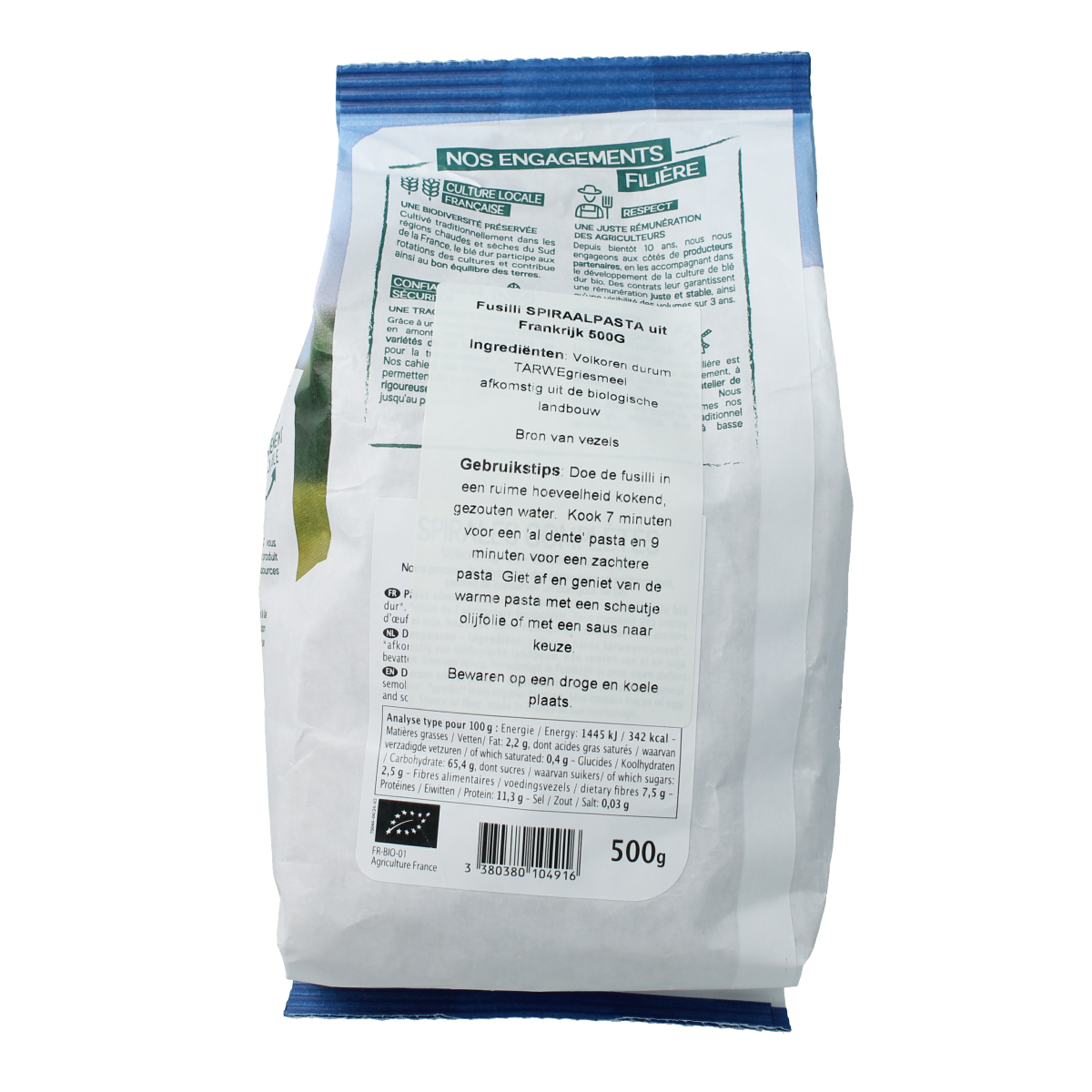 Whole grain Primeal Fusilli bio pasta in a 500g package, showcasing spiral-shaped organic pasta on a white background.