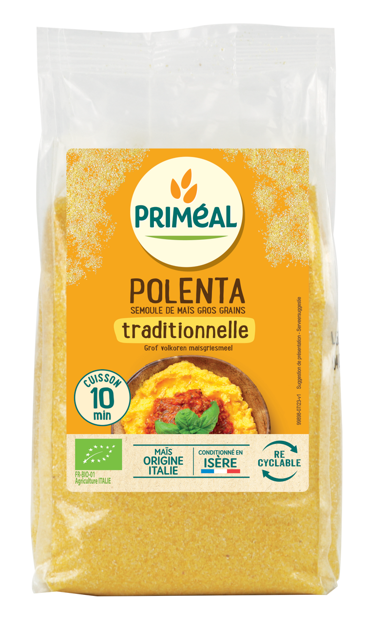 Primeal bio polenta with large cornmeal grains, 500g, ideal for breakfast cereals or cooking.