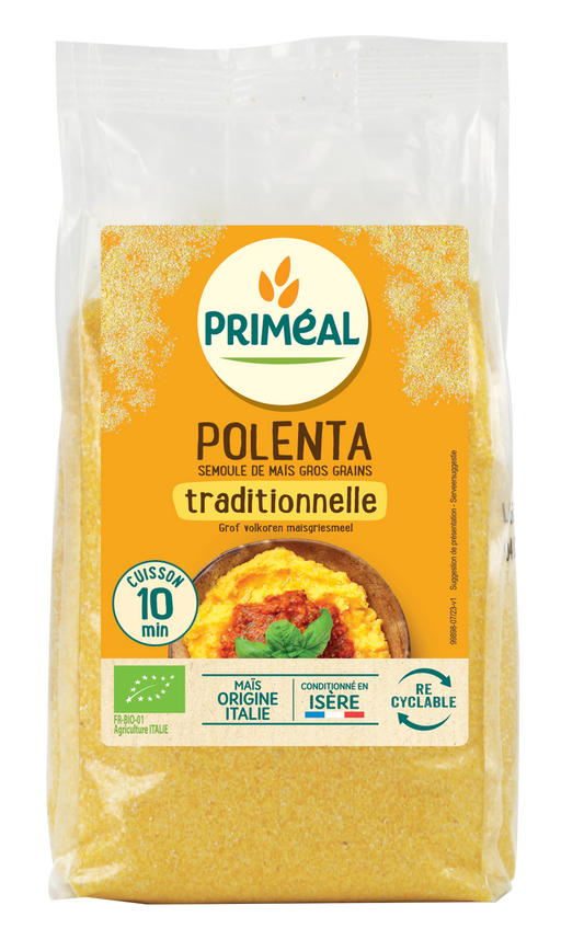 Primeal bio polenta with large cornmeal grains, 500g, ideal for breakfast cereals or cooking.