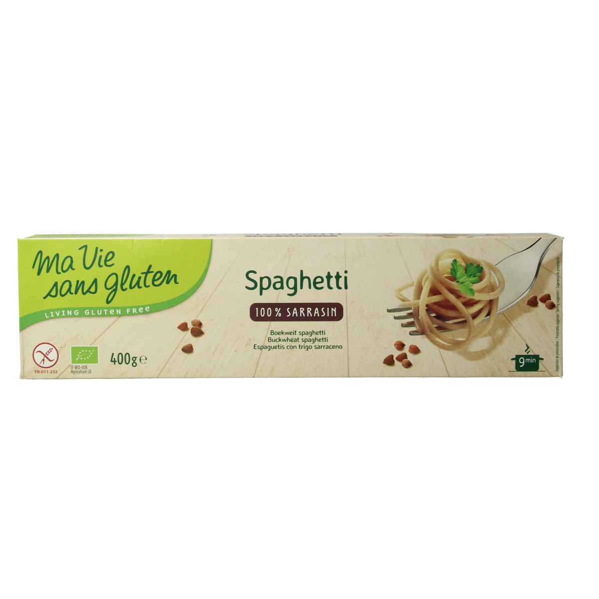 Organic bio buckwheat spaghetti from Ma Vie Sans, 400g, displayed in a clear package on a white background.